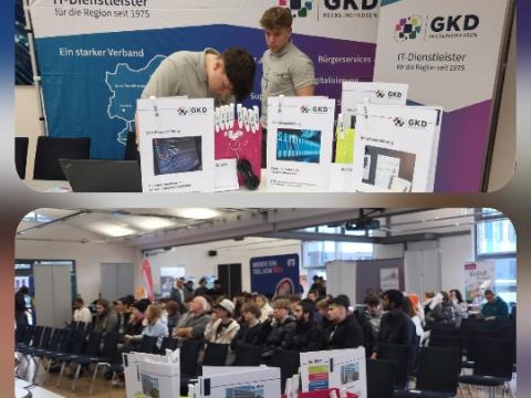 Fotocollage mit 3 Fotos von Messestand und Menschengruppen