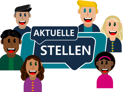 Zwei Sprechblasen mit den Worten "AKTUELLE" und "STELLEN" drumherum Karikaturen von verschiedenen Menschen